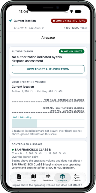 Airspace screen showing the authorization line, an operating volume of 1,500 feet radius and 400 feet AGL ceiling drawn in cross-section beneath Class E floors at 700 and 1,200 feet, and San Francisco Class B listed as beginning above the operating volume