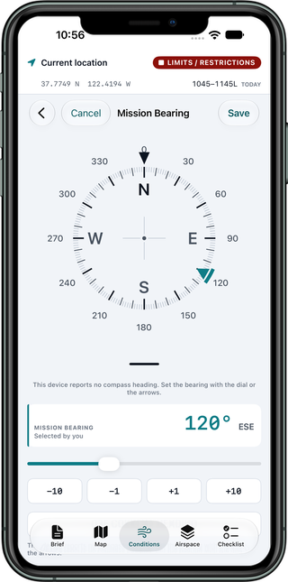 Mission Bearing screen with a compass rose marked every 30 degrees and at the four cardinal points, a teal marker set at 120 degrees, the mission bearing reading 120 degrees east-southeast as selected by the pilot, and a slider and buttons to step it by 1 or 10 degrees