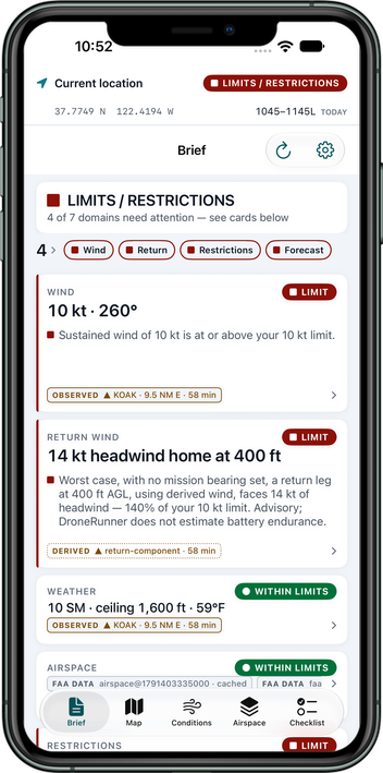 ISR DroneRunner Brief screen for a launch point in San Francisco, with an overall status of LIMITS / RESTRICTIONS, four of seven domains needing attention, and cards for wind, return wind, weather and airspace that each name their source and age