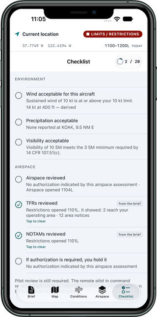 Preflight checklist with environment and airspace items, each carrying context from the brief, and the TFRs reviewed and NOTAMs reviewed items checked and marked as recorded from the brief
