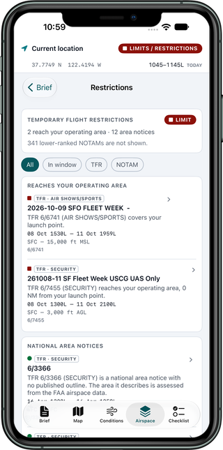Restrictions screen showing two Temporary Flight Restrictions that reach the operating area, each with its type, effective times and altitudes, filter buttons for All, In window, TFR and NOTAM, and national area notices below