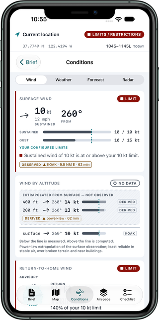 Wind screen showing a surface wind of 10 knots from 260 degrees against configured limits of 10 knots sustained and 15 knots gust, marked LIMIT, above estimated winds at 200 and 400 feet labeled as derived